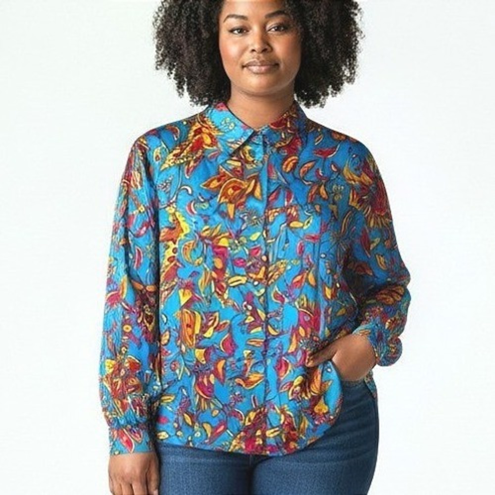 Helga Vintage Turquoise Psychedelic Floral‎ Pleated Button Front Blouse Top Sz L